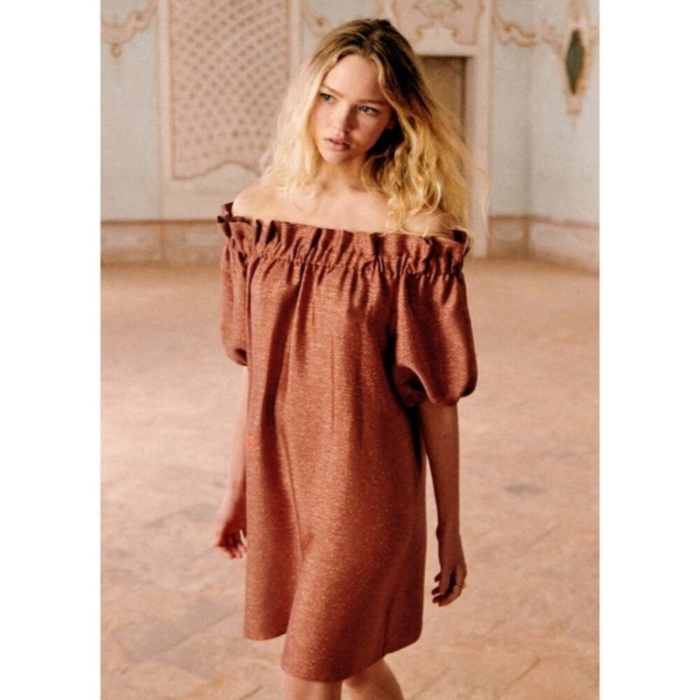 Sezane Editions Metallic Off Shoulder Mini Shift Dress Size‎ 34 / US XS